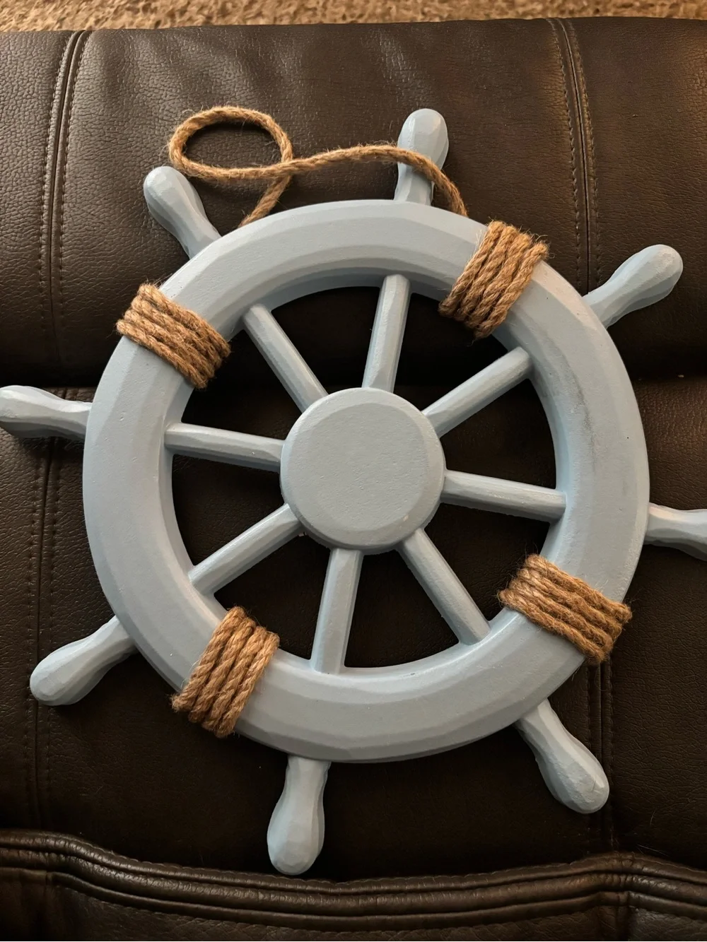 Nautical Ship Wheel Wall Decor in Light Blue with Rope